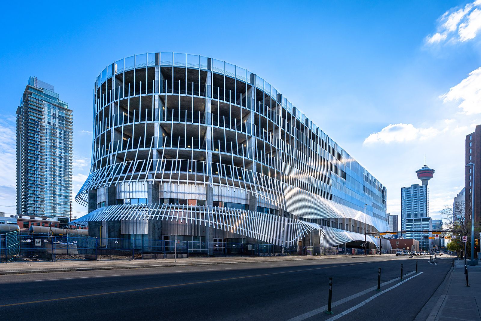 The aluminum-clad Platform Innovation Centre and parkade in Calgary’s East Village