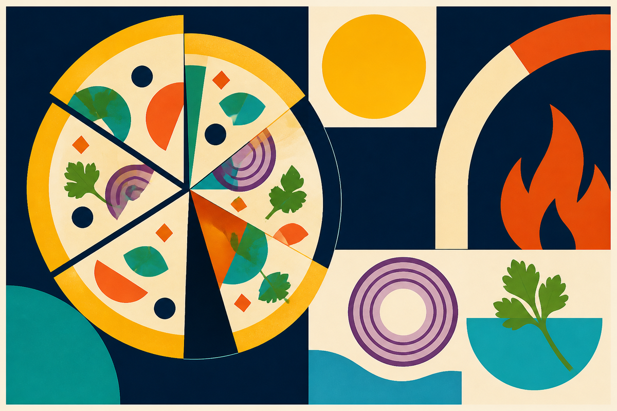 Abstract Swiss-style composition of pizza slices, herbs, onion rings and oven flame