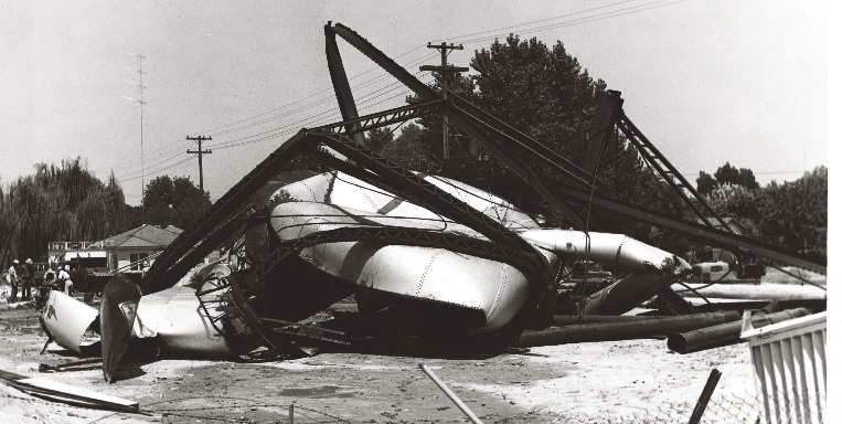 Archival photograph of a collapsed elevated water storage tank after the Bakersfield earthquake