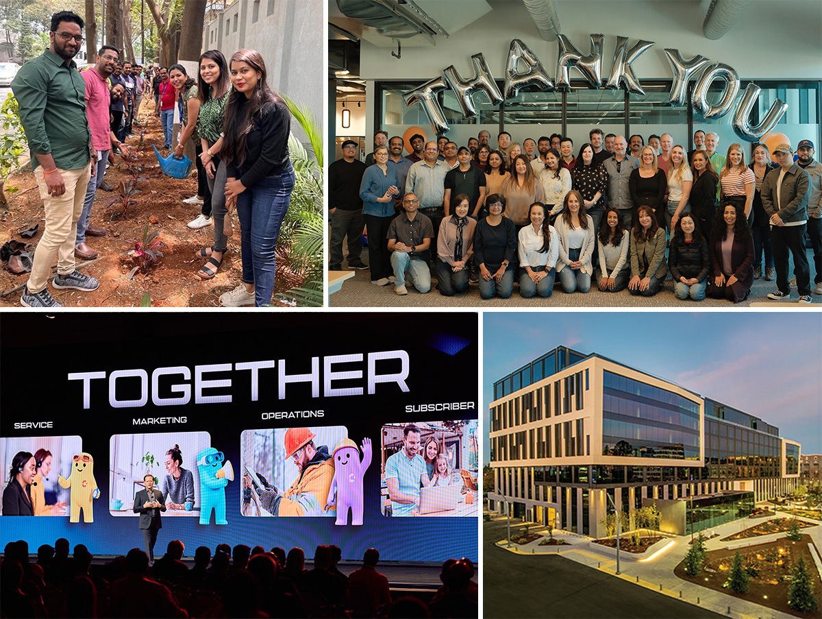 A Calix montage showing employees, a team gathering, a conference presentation and an office building