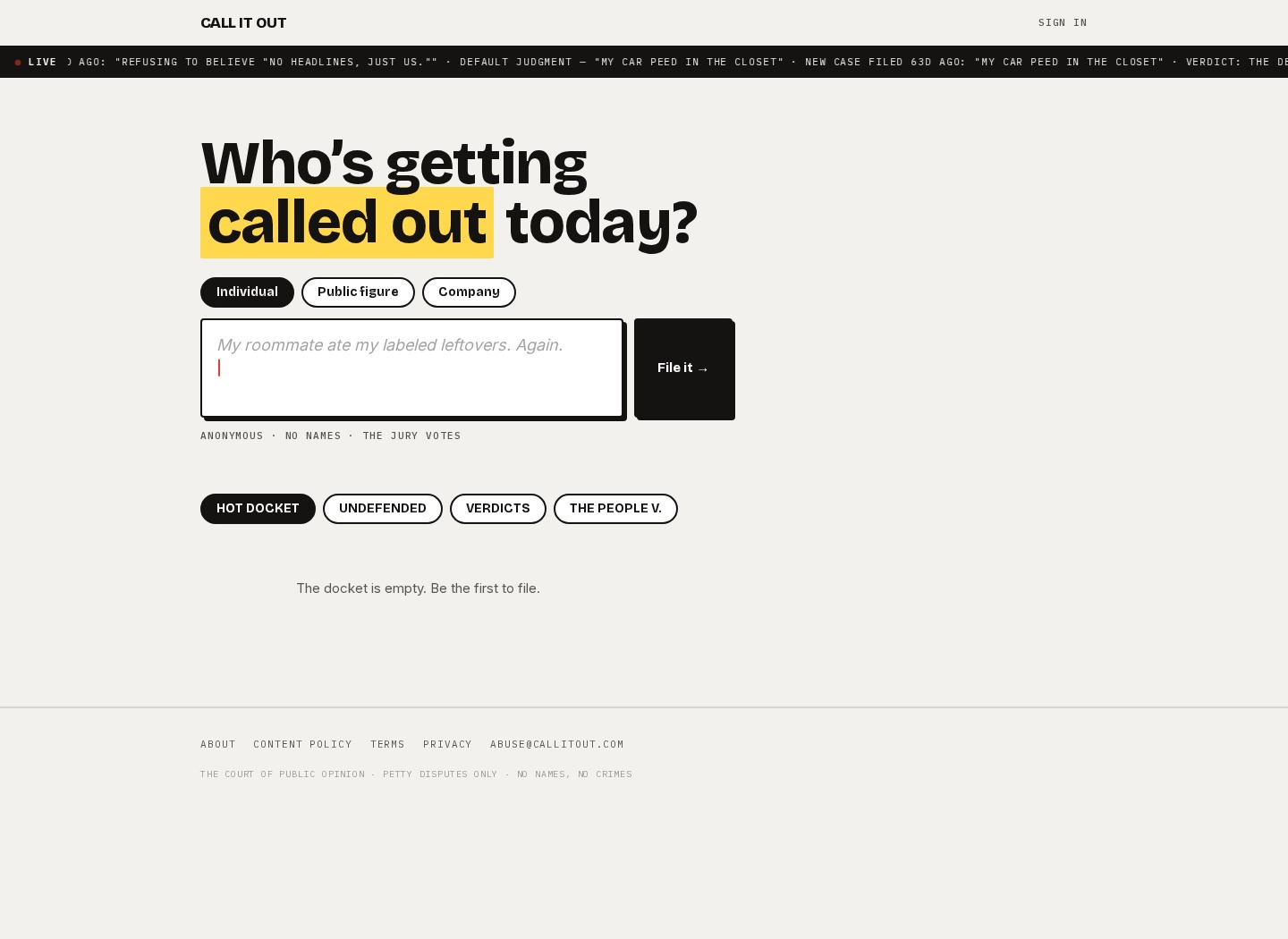 The Call It Out homepage showing its case filing box and public docket