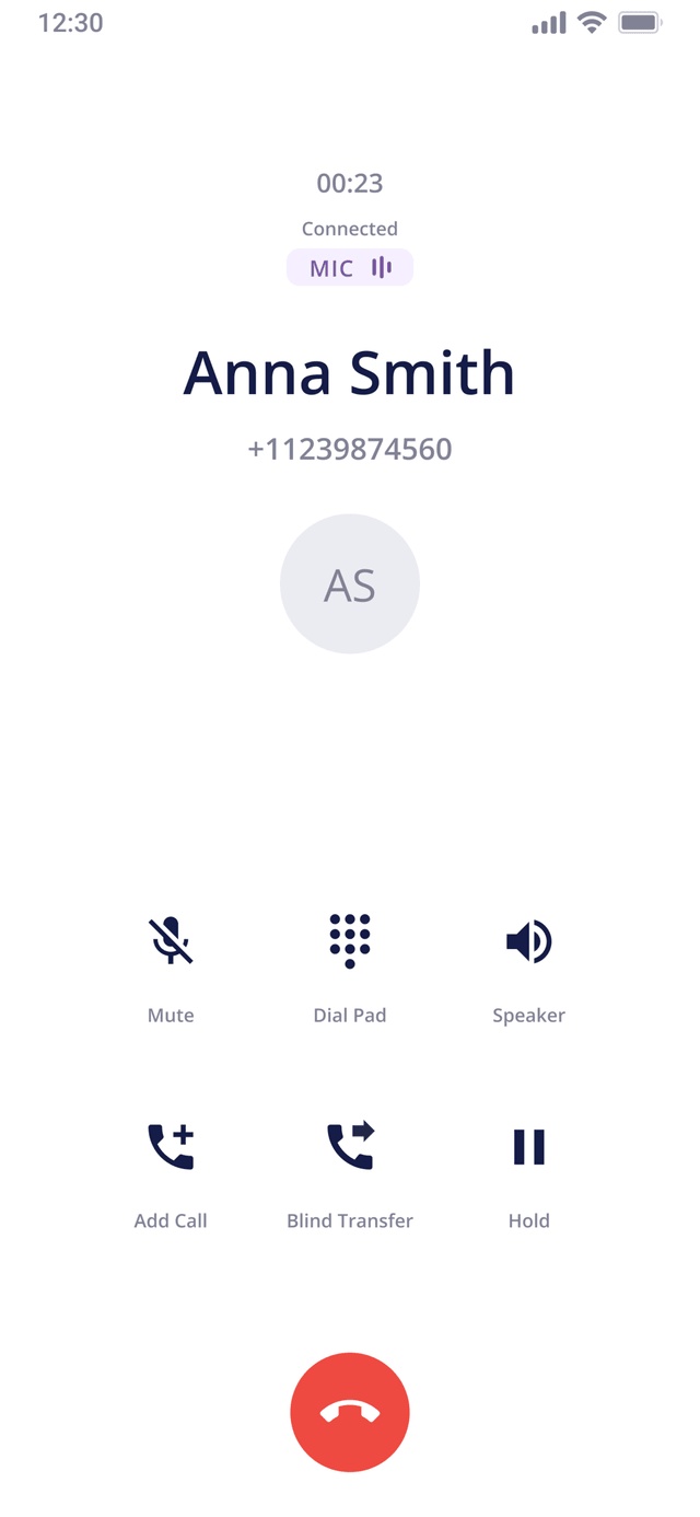 CallCorp mobile application showing an active call and controls for mute, keypad, speaker, hold and conference