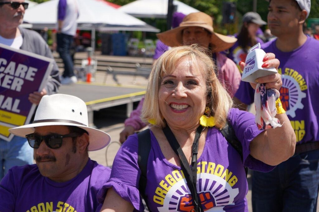 SEIU Local 503 members in purple union shirts at their annual convention