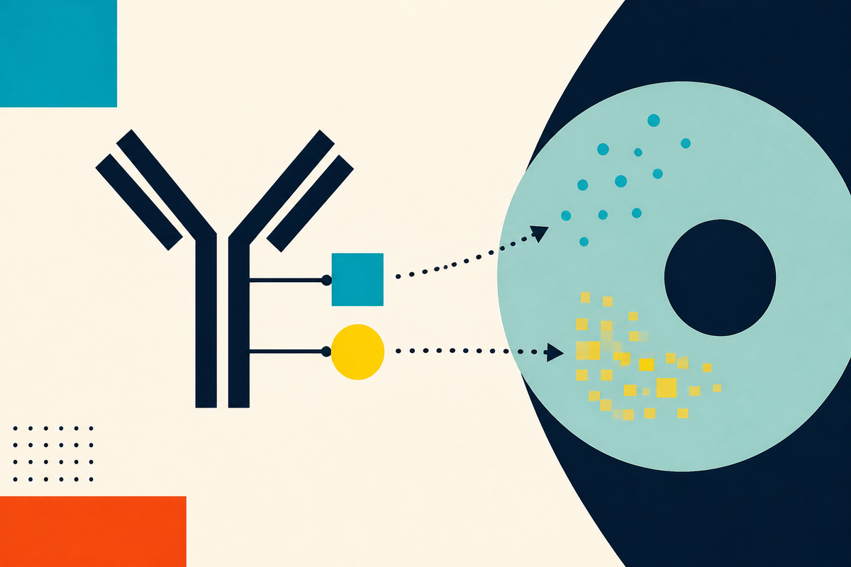 Abstract Swiss-style illustration of one antibody carrying two payloads toward a tumor cell