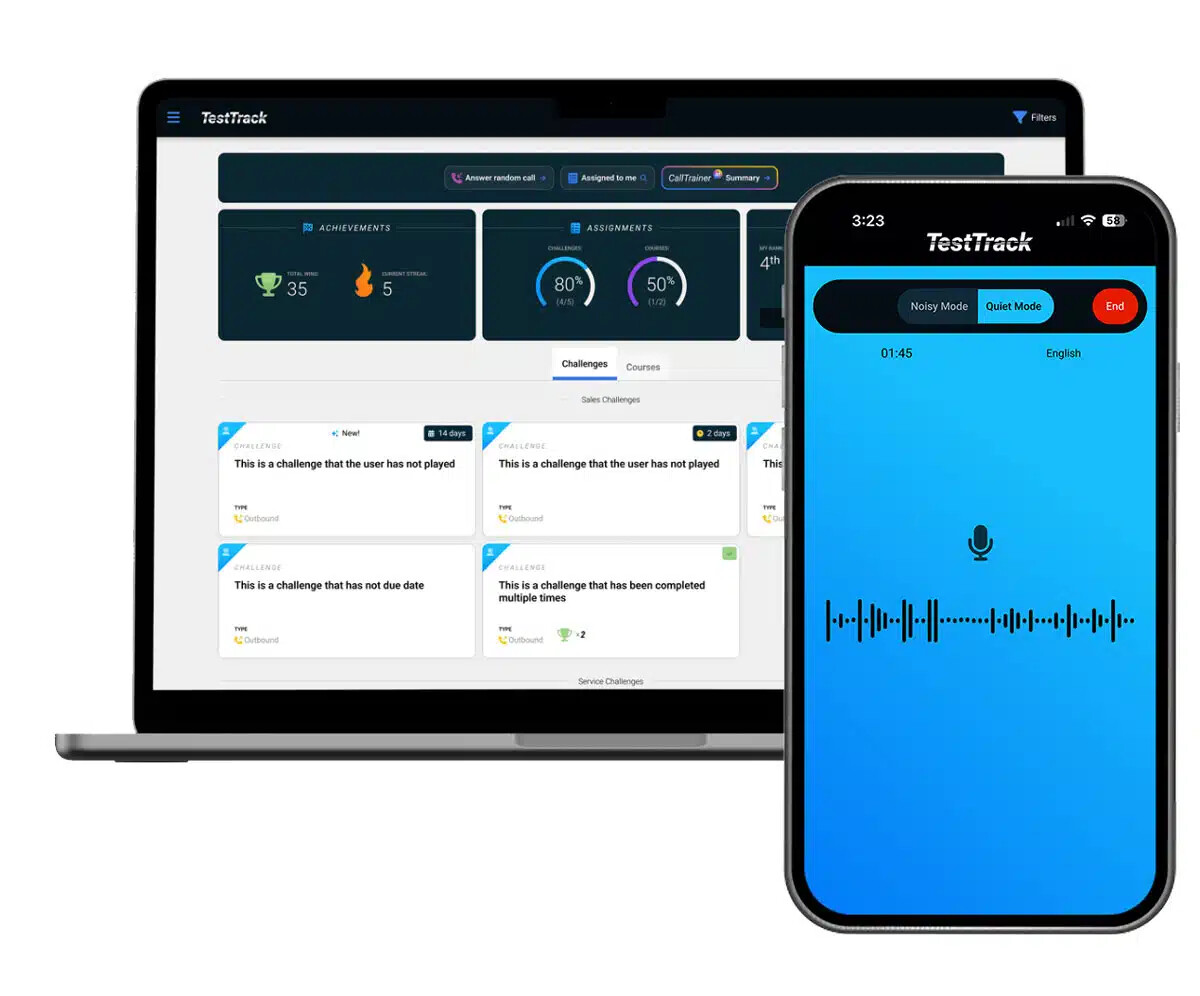 CallRevu TestTrack product shown on a laptop and phone