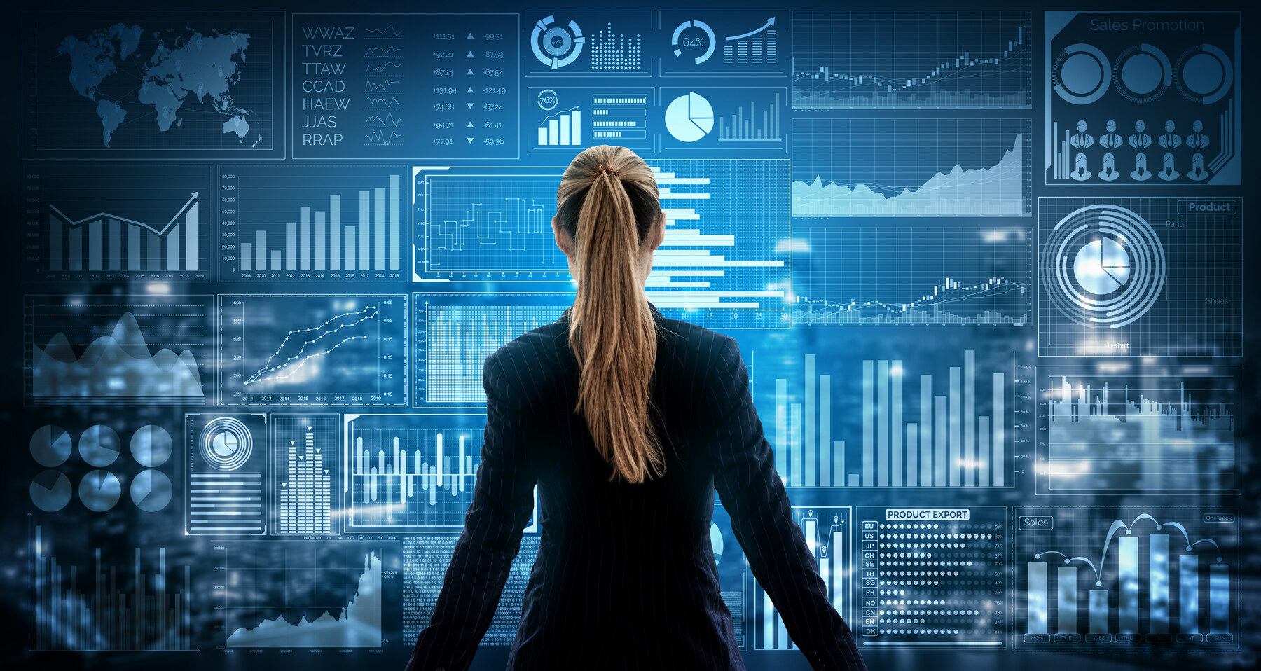 A person facing a wall of enterprise data visualizations