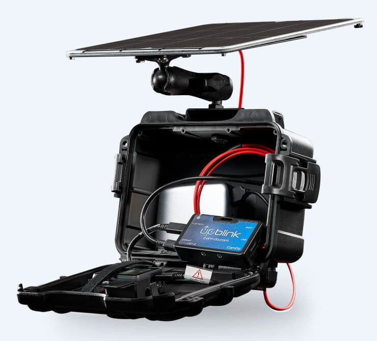 An open CamDo SolarUp construction time-lapse enclosure with solar panel, battery and UpBlink controller