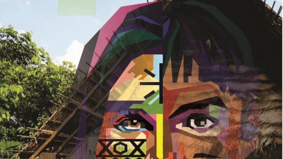 Colorful portrait collage over an Amazonian community scene from the Cumare radio project