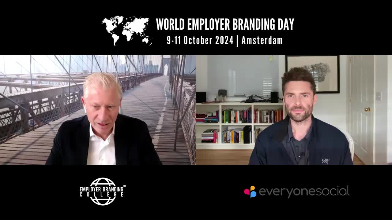 Cameron Brain speaking by video with Brett Minchington before World Employer Branding Day in Amsterdam