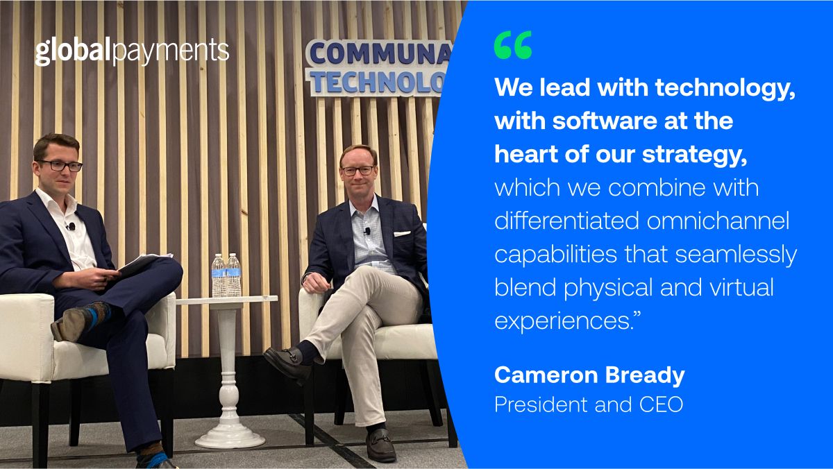 Cameron Bready and an interviewer seated on stage at the Goldman Sachs Communacopia and Technology Conference