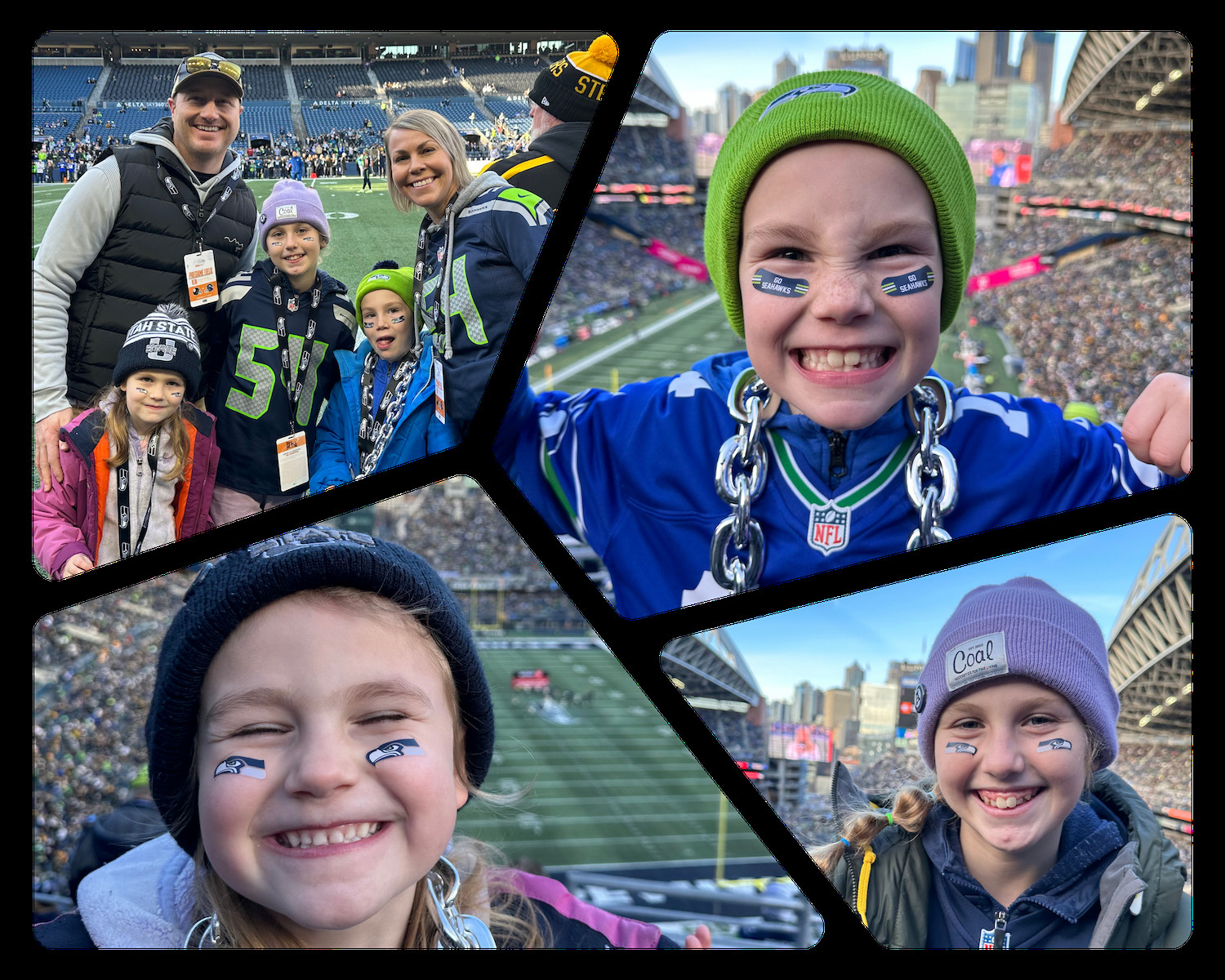 Cameron Oliver with his family at a Seattle Seahawks game, alongside three close-up game-day photos