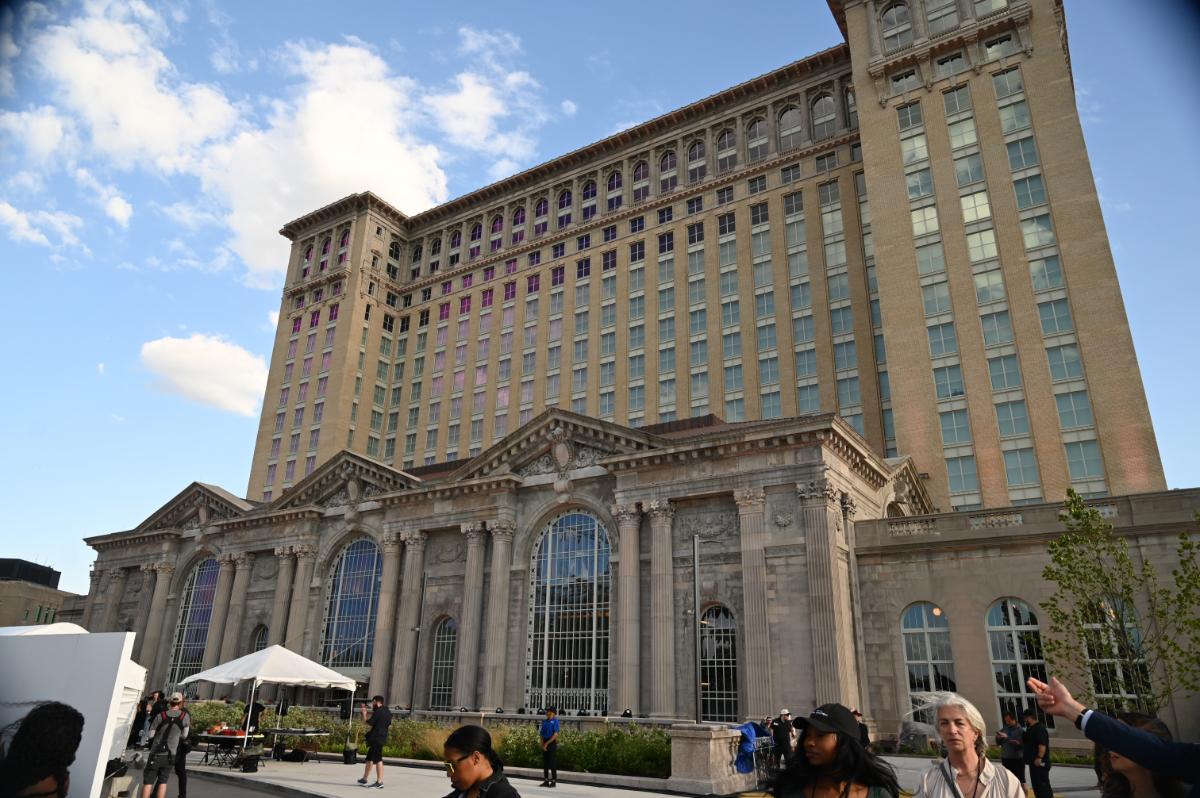 Michigan Central illuminated during its reopening in Detroit
