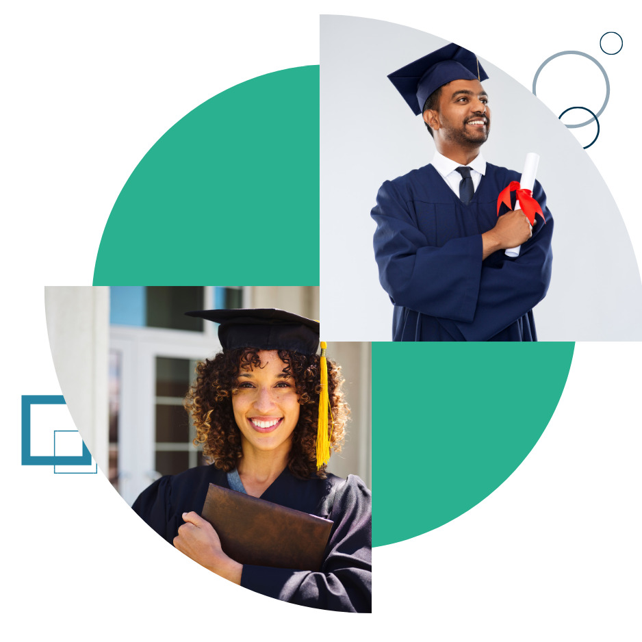 Two graduates in a geometric Campus Connect composition