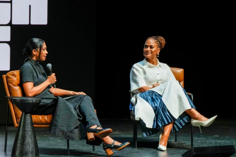 Candice Matthews Brackeen, left, interviews filmmaker Ava DuVernay on stage at Black Tech Week in 2024.