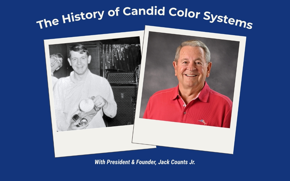 Company history graphic showing Jack Counts Jr. in his early photography days and later as company president