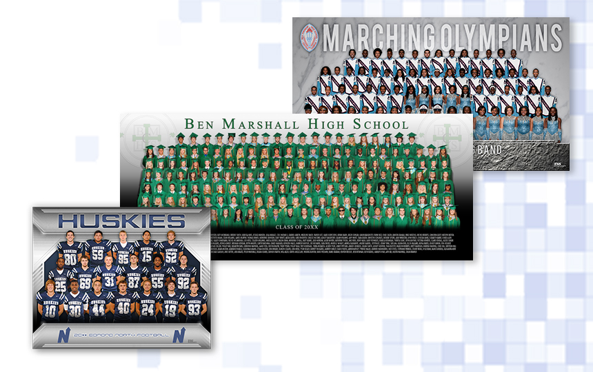 Virtual Groups product examples combining individual portraits into football, graduation, and marching band group photographs