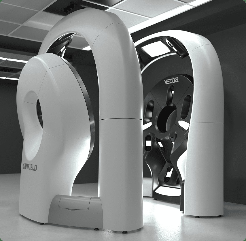 The curved camera towers of Canfield’s VECTRA WB360 whole-body imaging system