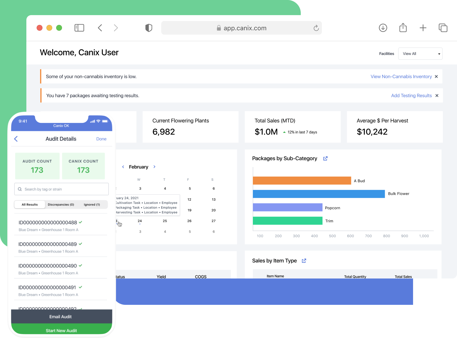 Canix product screens showing cannabis operations software
