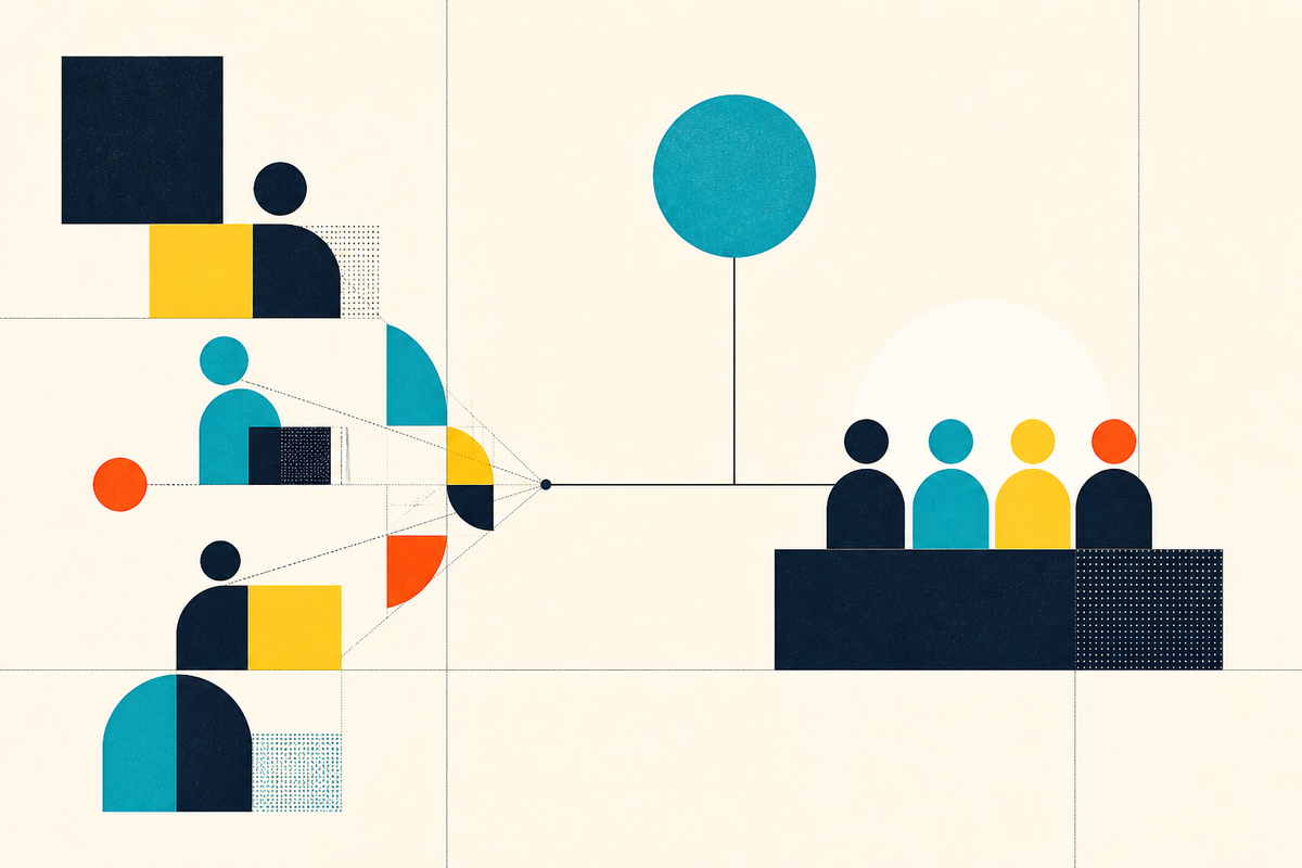 Abstract Swiss-style illustration of individual pieces converging into a startup team