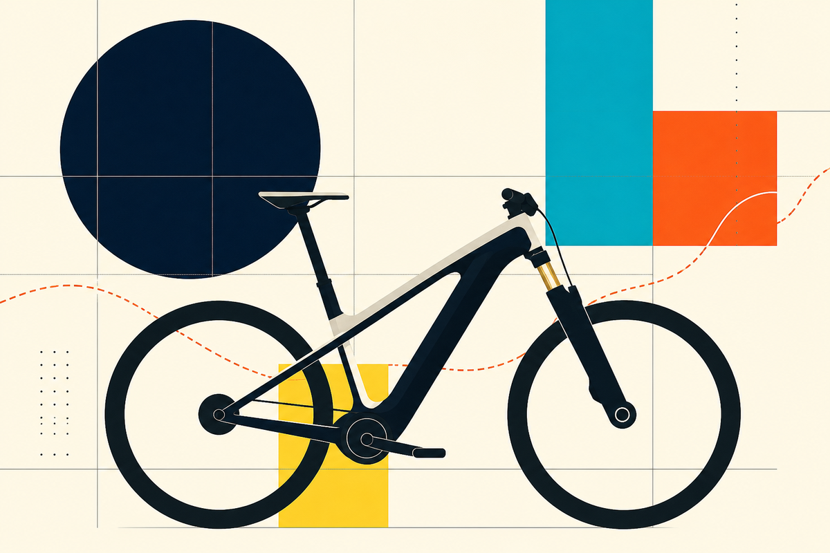 Abstract Swiss-style illustration of a bicycle with a single-sided fork and geometric color blocks