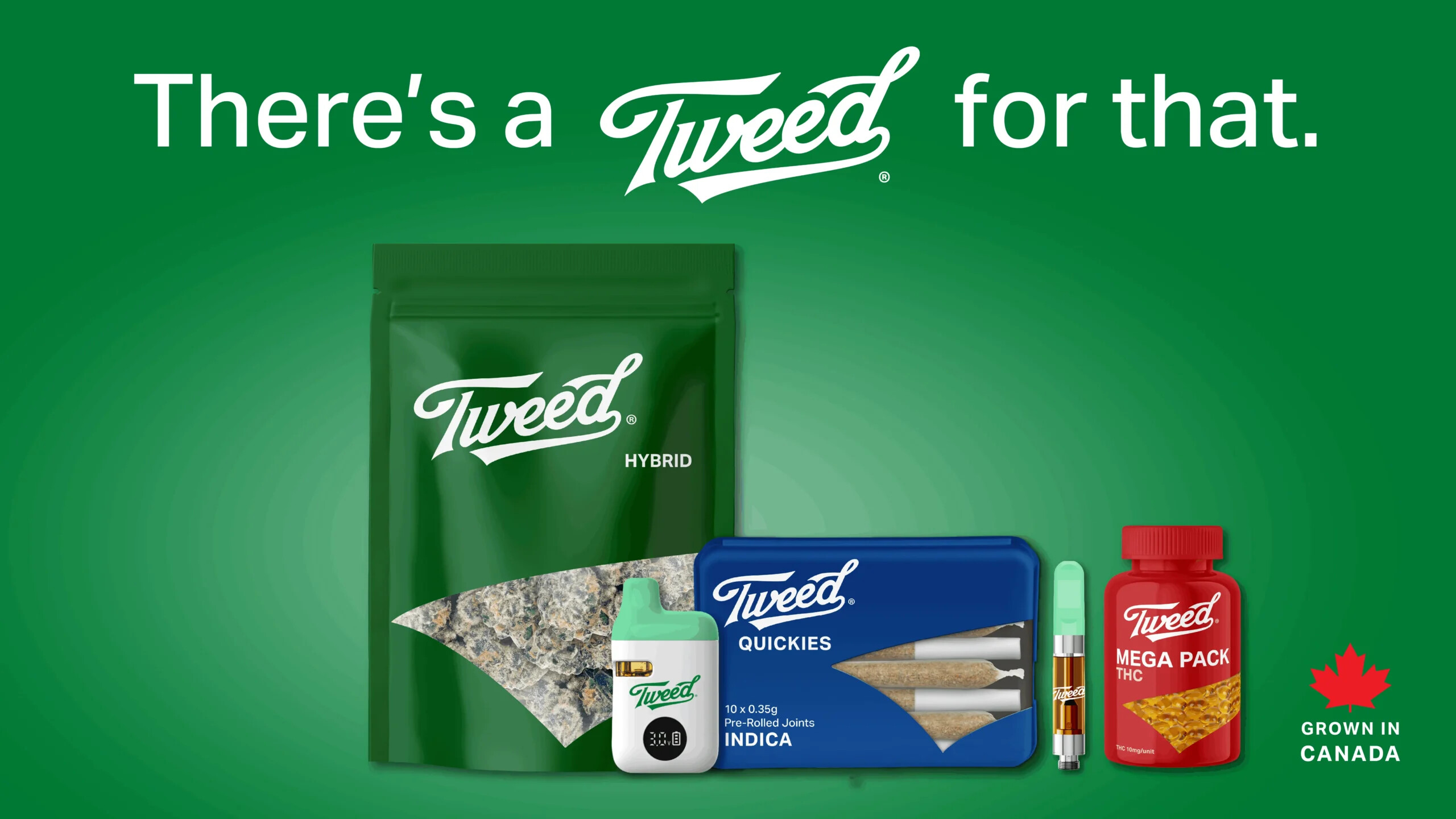 A lineup of Tweed cannabis products including flower, pre-rolls and vapes on a green background