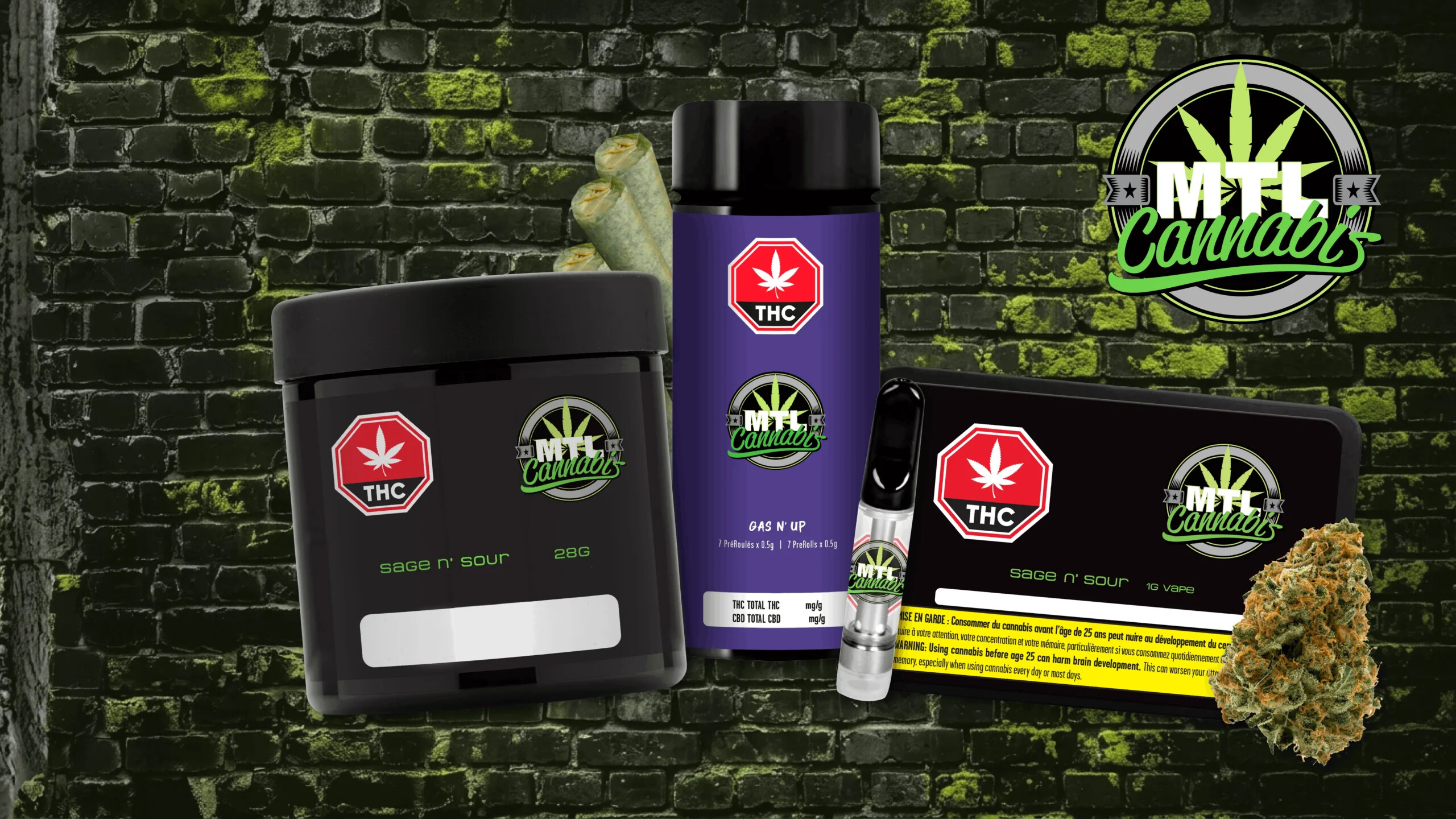 MTL Cannabis flower, pre-roll and vape products arranged against a dark brick wall