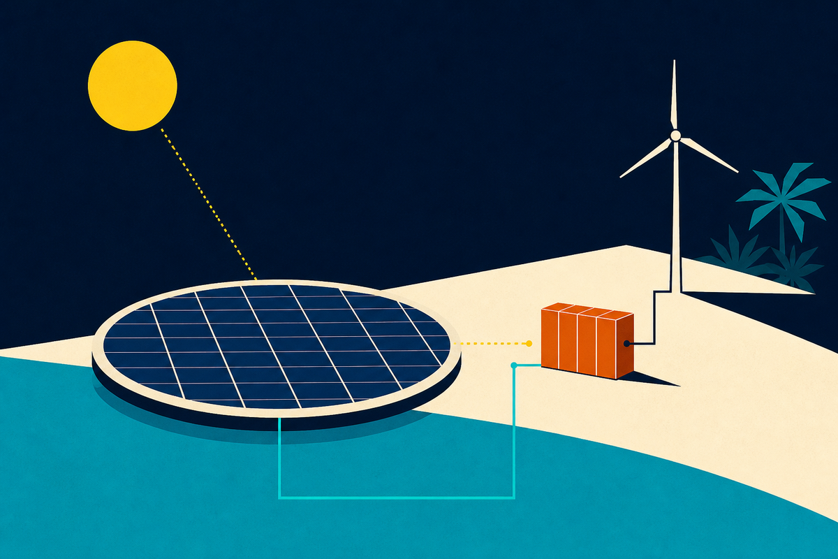 Abstract Swiss-style illustration of a floating solar ring feeding a battery and island wind turbine