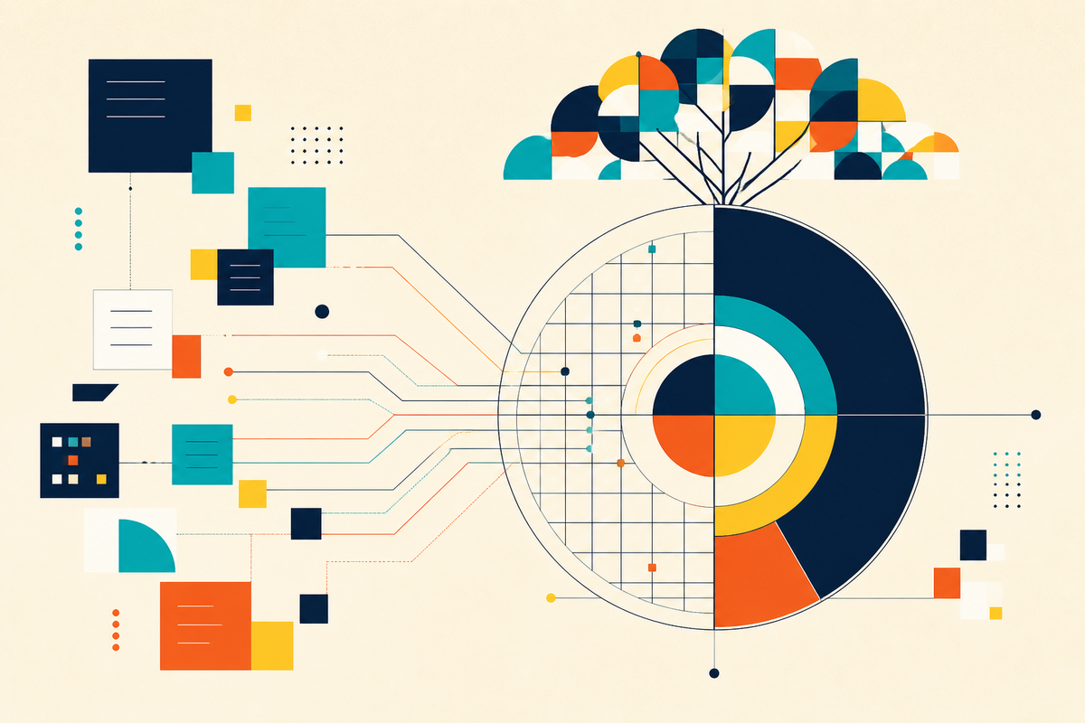 Abstract Swiss-style composition showing fragmented financial records converging into a unified portfolio system