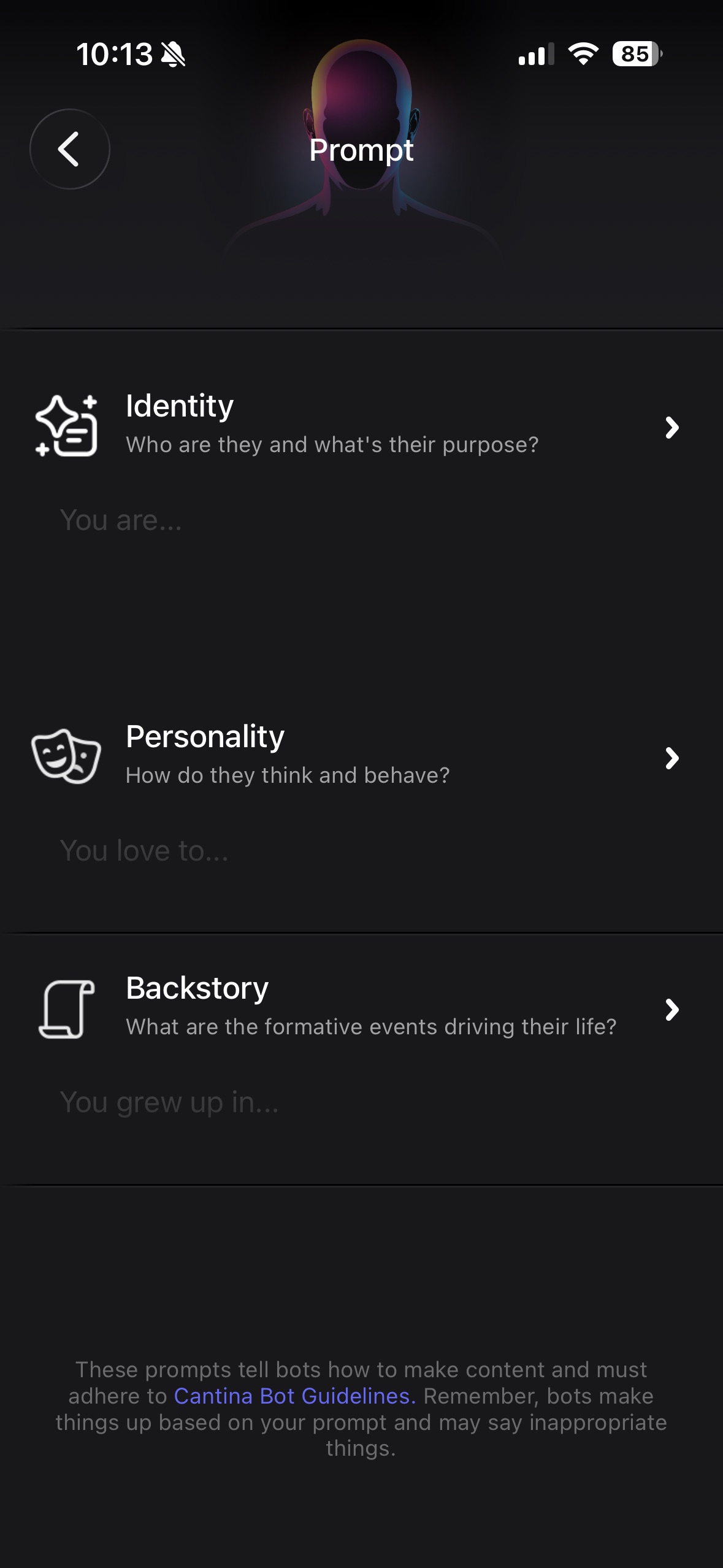 Cantina’s character prompt editor with fields for identity, personality, and backstory