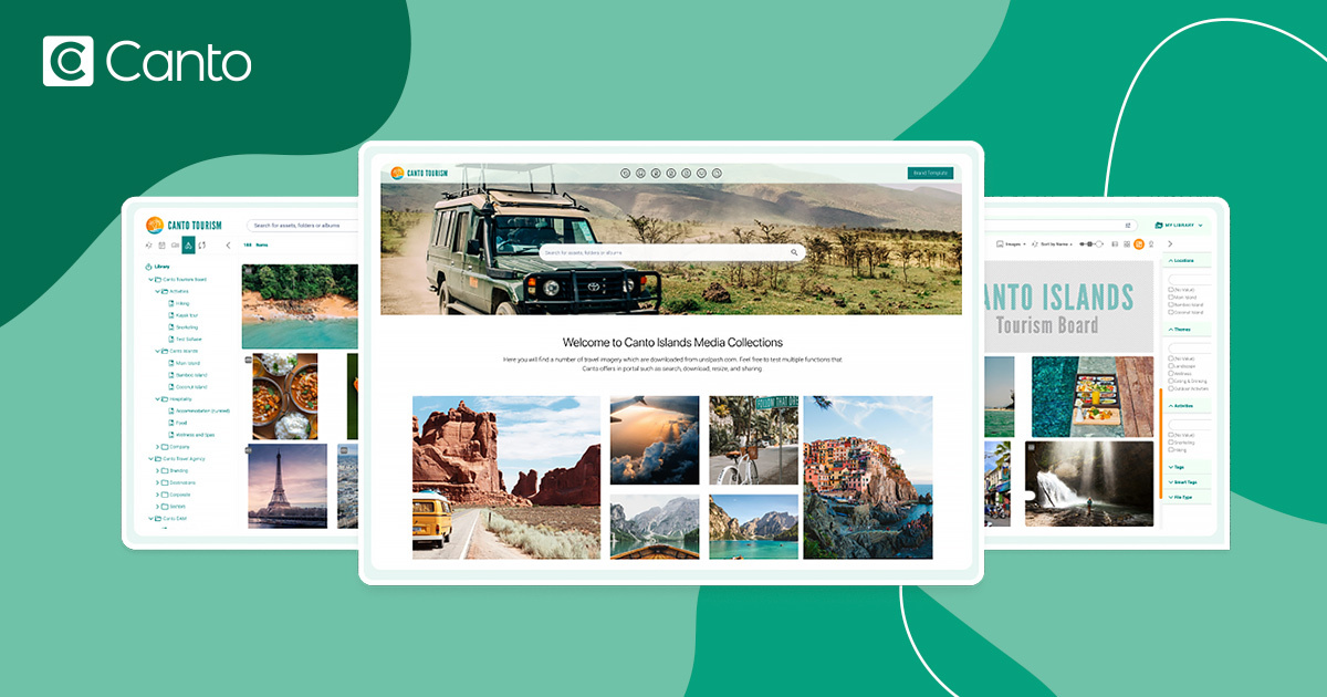 Canto digital asset management interface shown across three screens with image libraries, search and filters