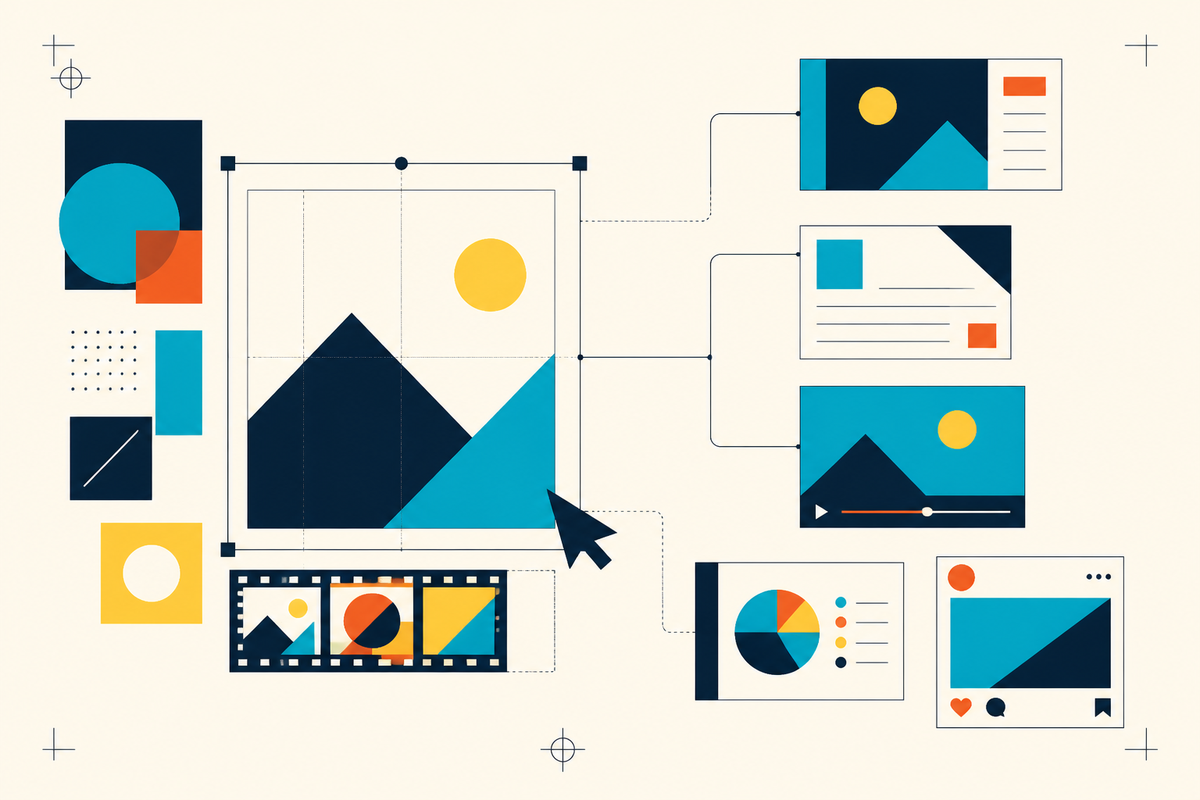A geometric Swiss-style illustration of one central creative canvas branching into video, documents, data and social formats