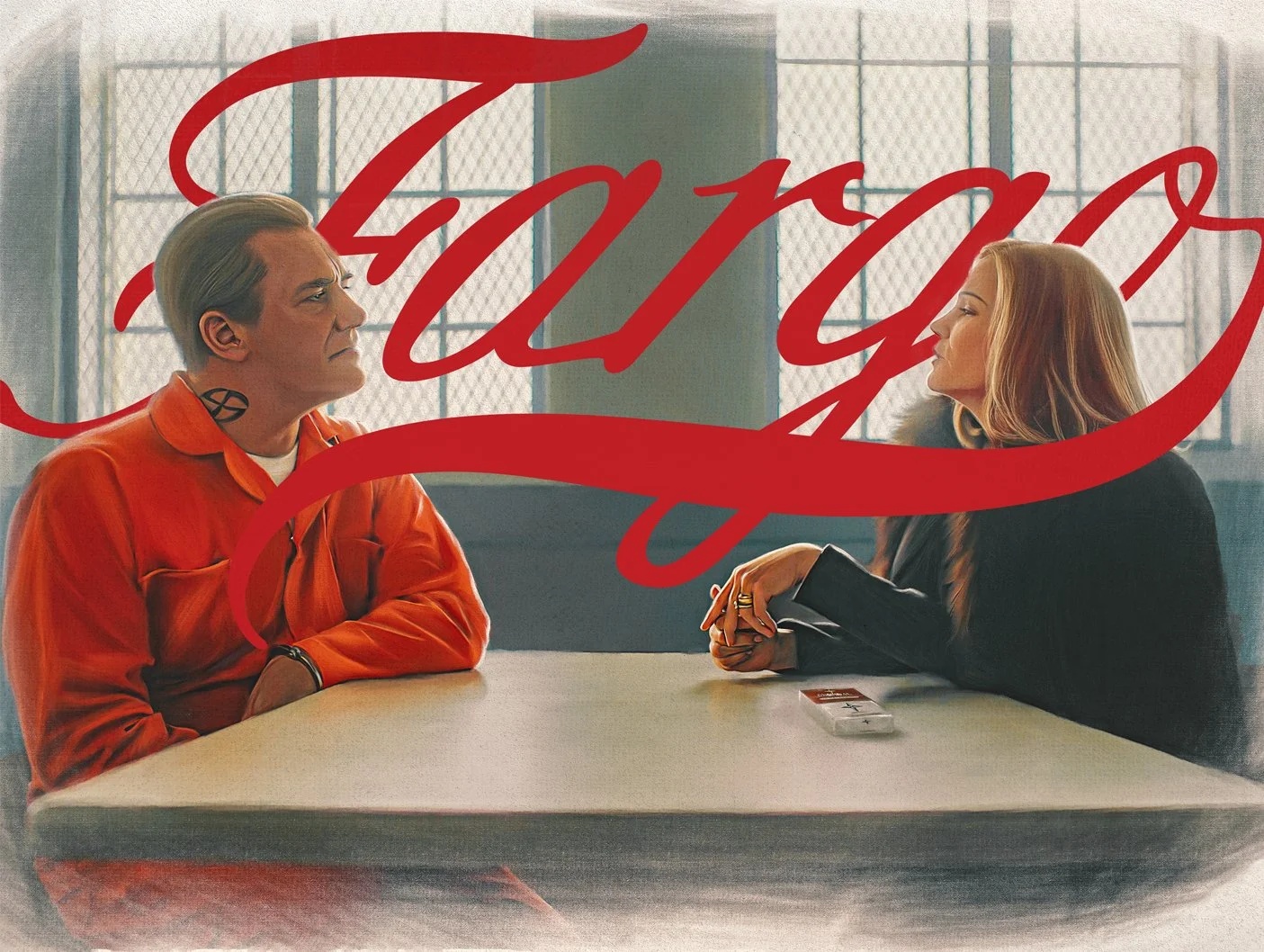 Illustrated Fargo campaign artwork shows two characters facing each other across a table beneath sweeping red lettering