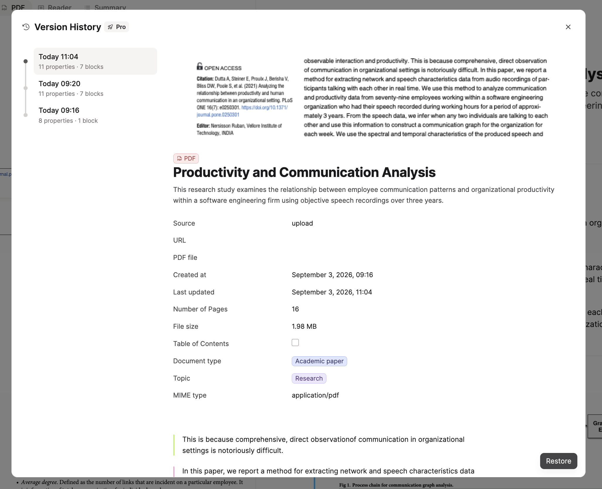 Capacities version history interface with restore controls