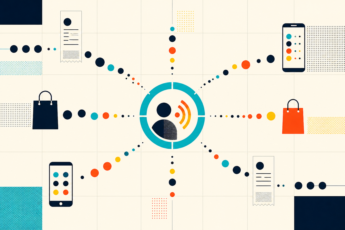 Abstract streams of retail signals converging on a unified customer profile