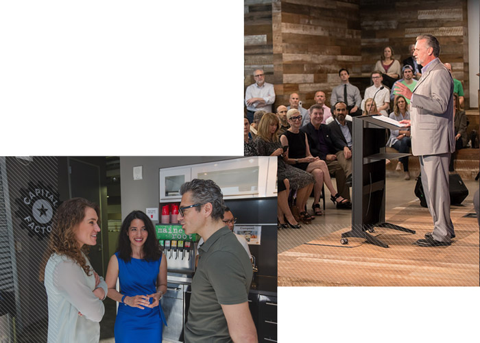 Historical Capital Factory montage showing conversations and a speaker addressing a seated audience