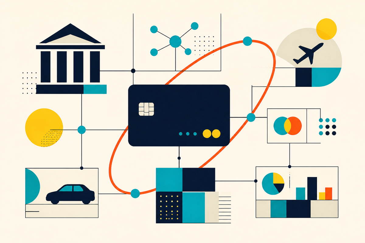 Abstract Swiss-style illustration linking a payment card to banking, travel, auto and analytics modules