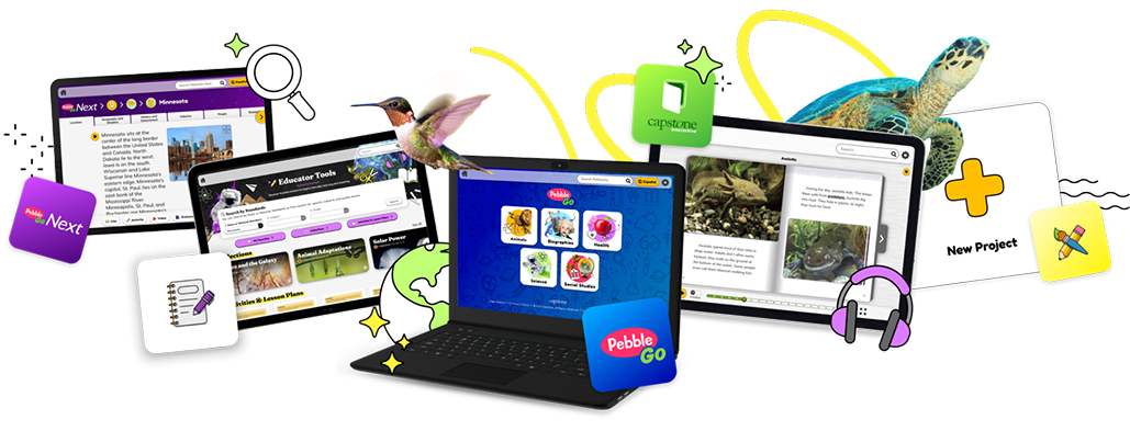Official PebbleGo product composite showing research articles, eBooks, educator tools, and a creation workspace