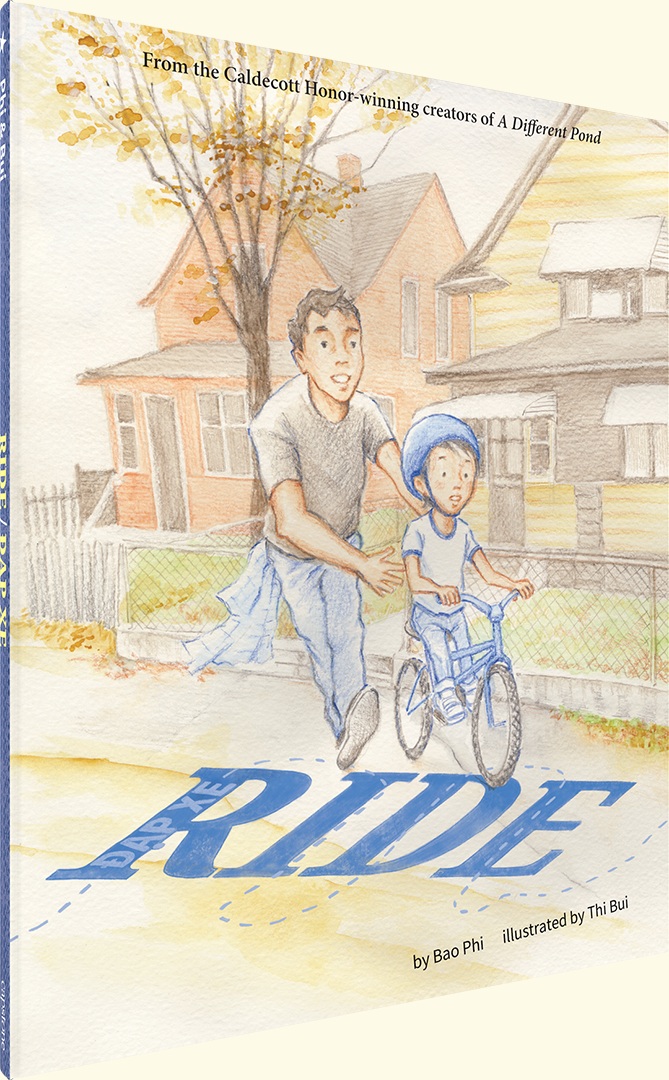 Cover of Ride / Đạp Xe by Bao Phi, illustrated by Thi Bui, showing a father helping a child ride a bicycle