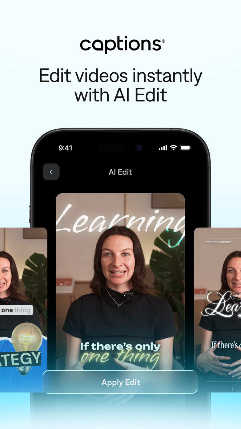Official Captions App Store screen showing AI Edit styles on an iPhone