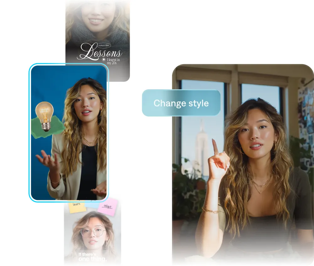 Captions product visual showing one speaker rendered in several video editing styles