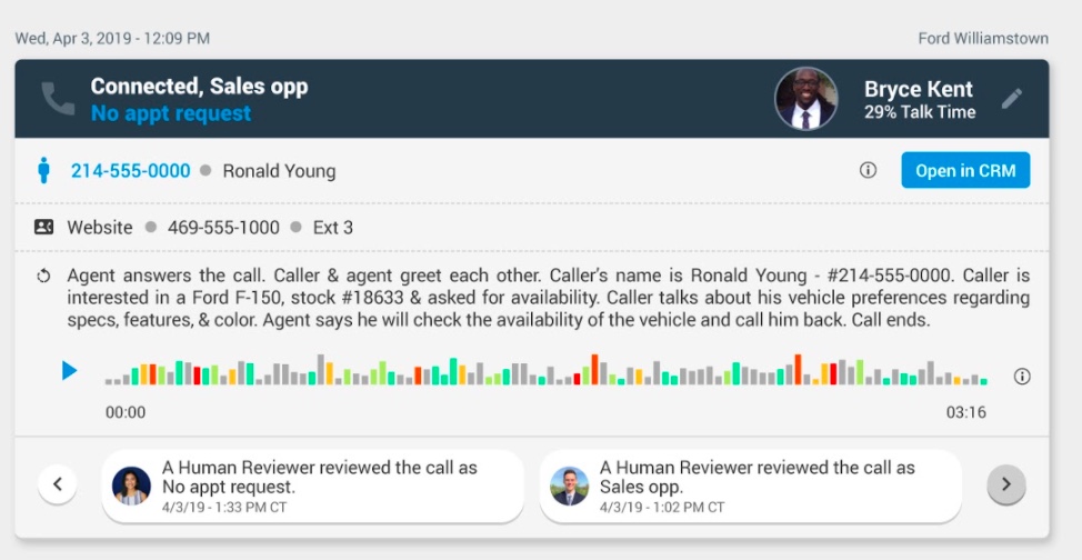 Historical Car Wars call detail screen categorizing a sales opportunity with no appointment requested