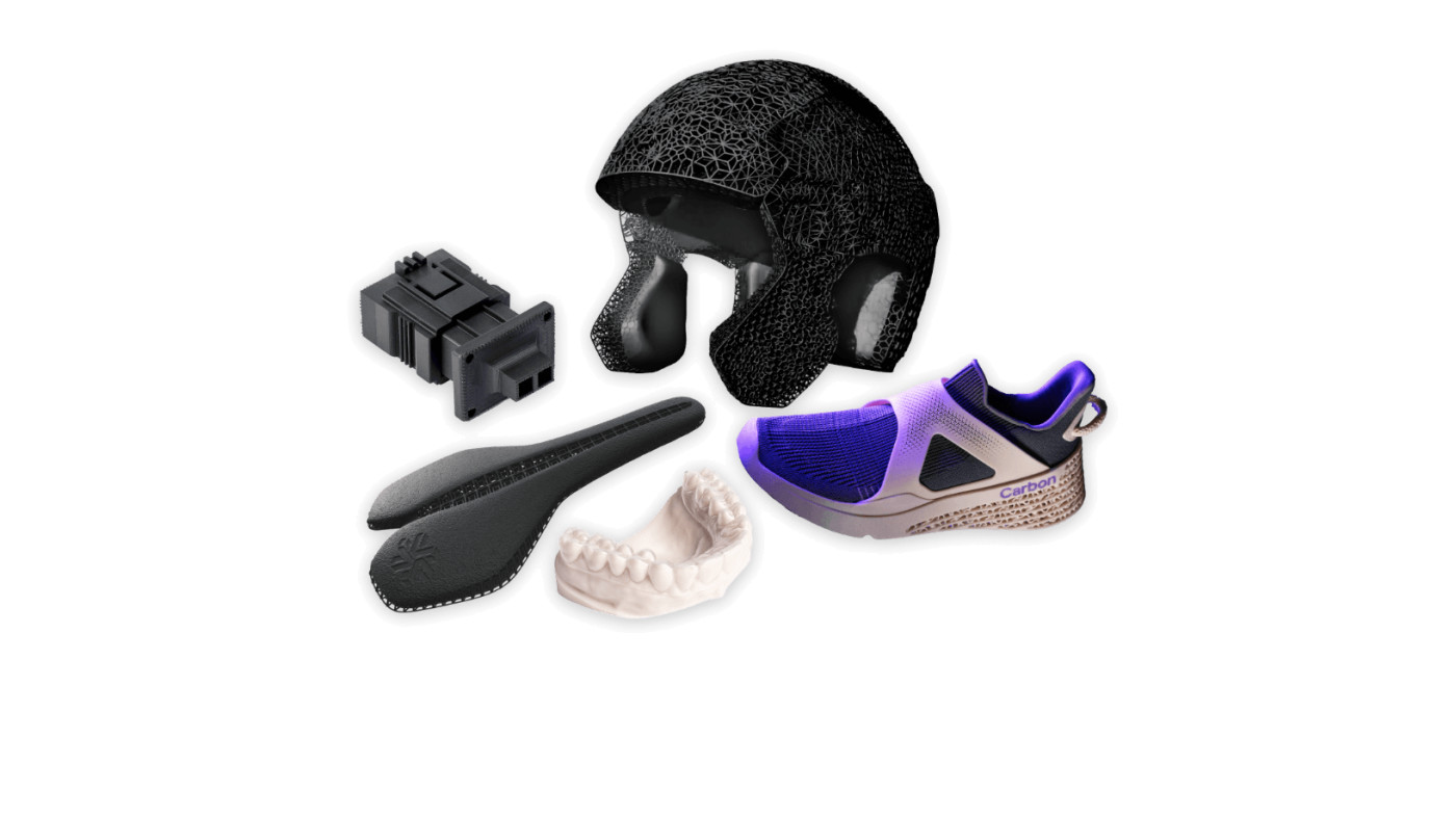 Carbon application examples: lattice helmet liner, shoe, bicycle saddle, dental model and industrial component