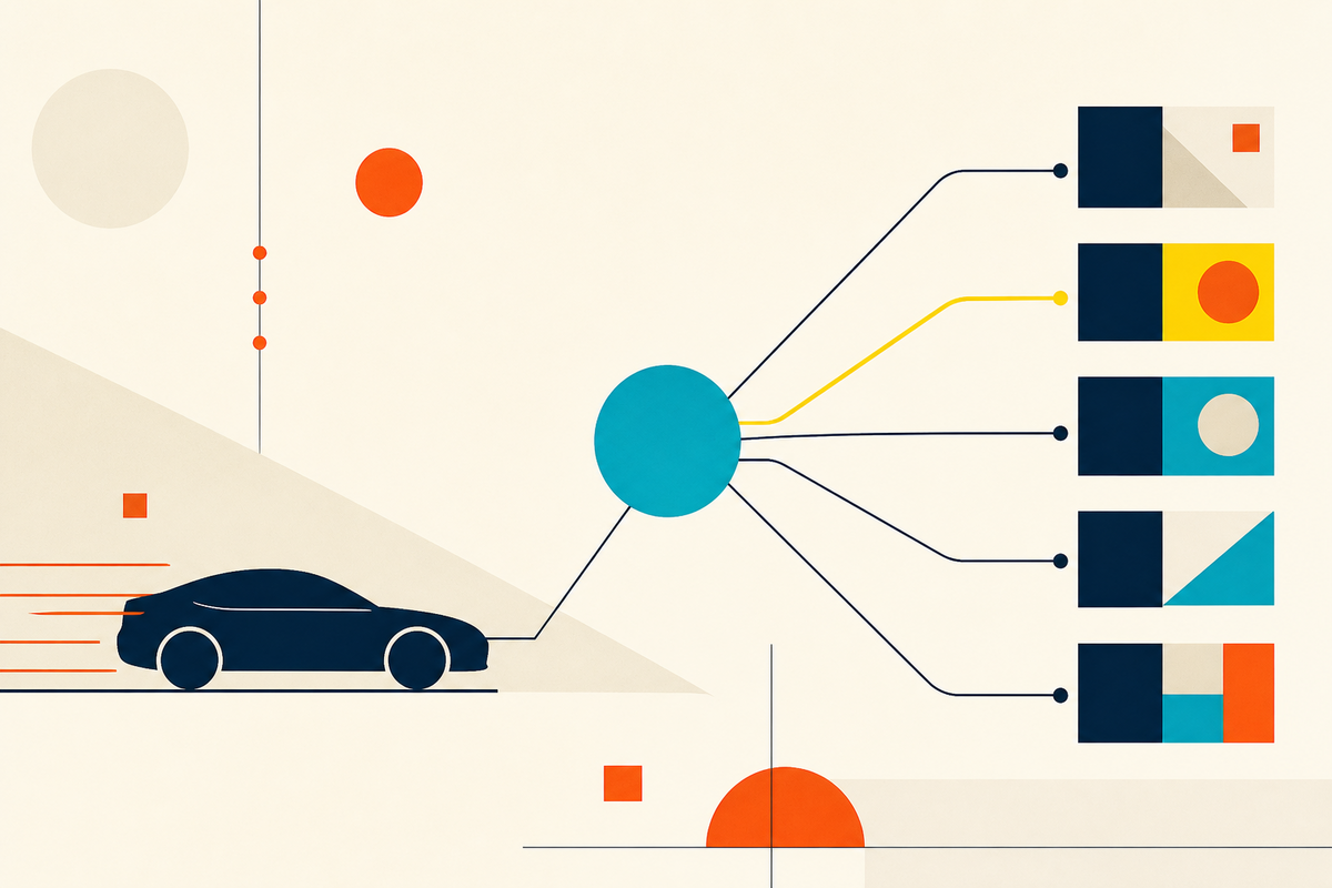 Abstract geometric illustration of a car entering a matching hub that branches toward several finance options
