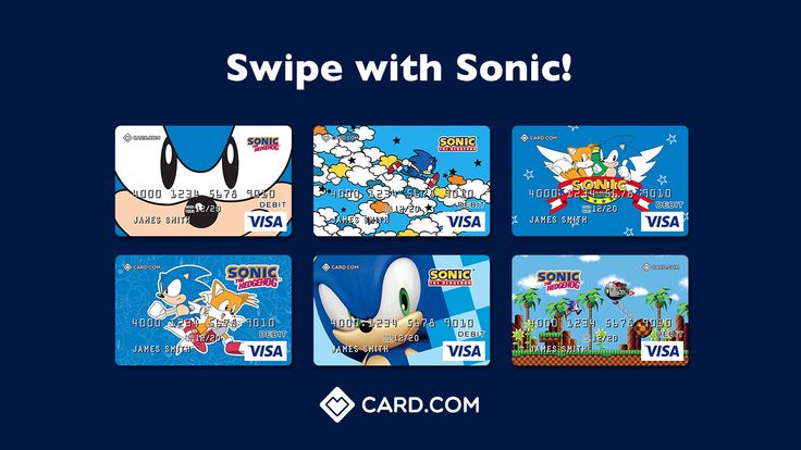 Six CARD.com Sonic the Hedgehog Visa debit card designs on a dark blue background