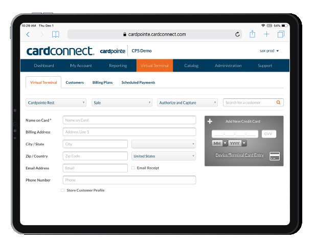 CardPointe virtual terminal displayed on a tablet, with payment and customer fields