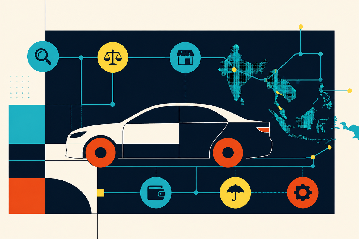 Geometric illustration of a car connected to search, dealers, finance, insurance and service nodes across India and Southeast Asia