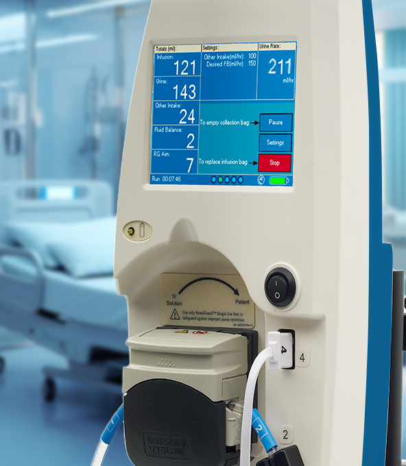 RenalPro System console by CardioRenal Systems displaying real-time infusion, urine and fluid-balance readings
