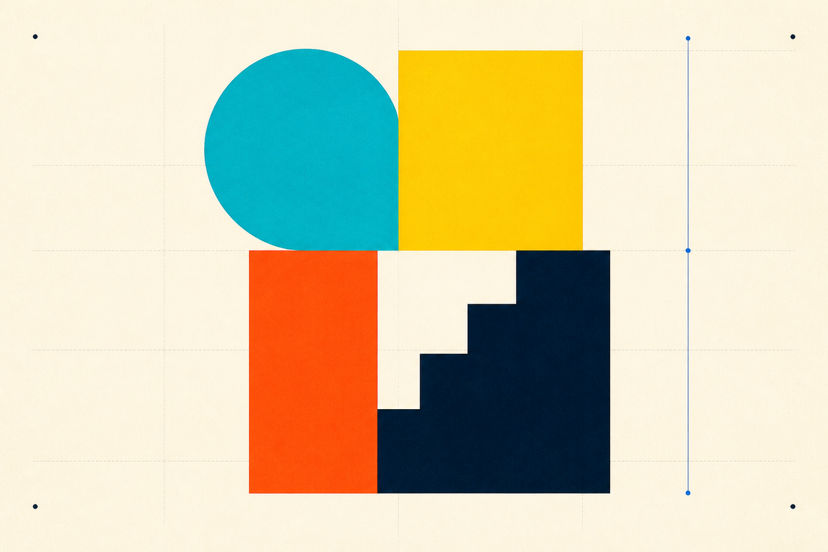 Four interlocking geometric forms arranged as an ascending business system