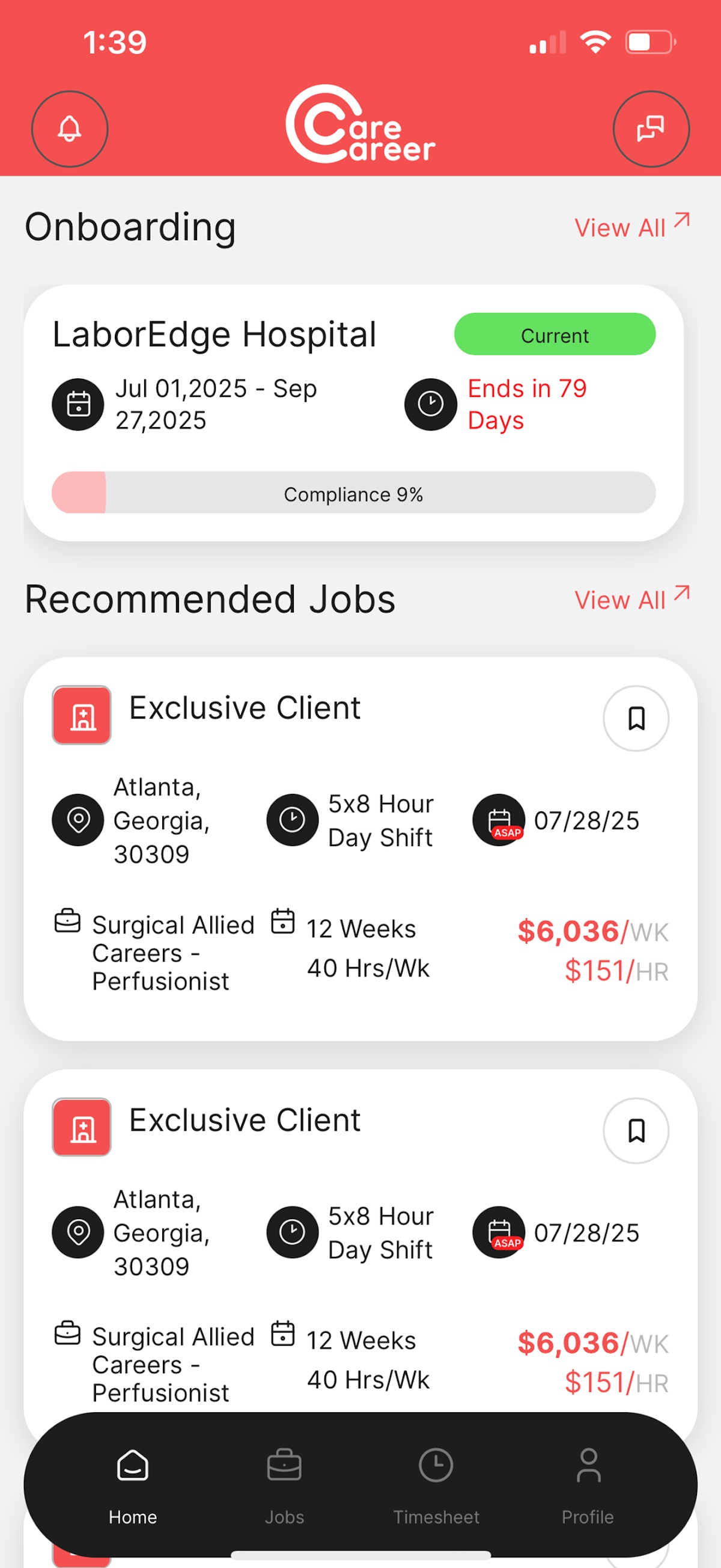 Official Care Career app screenshot showing onboarding progress and example recommended assignments