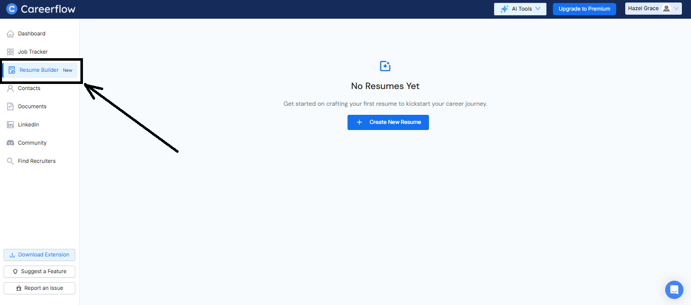 Careerflow Resume Builder dashboard showing the product navigation and create resume button